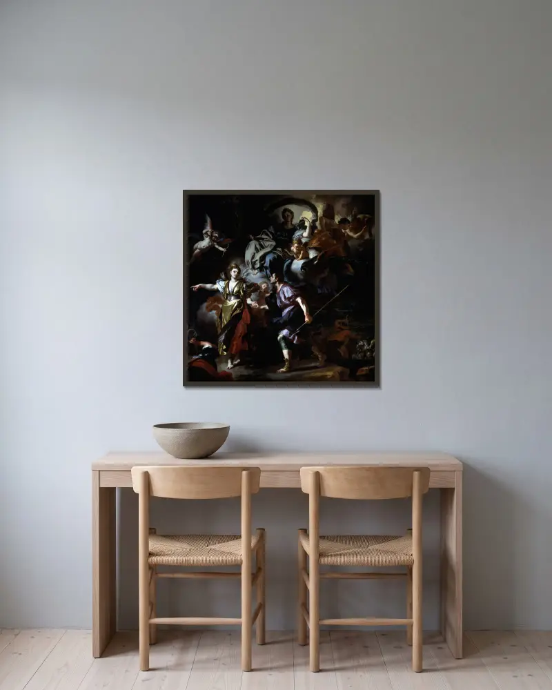 Dido och Aeneas kungliga jakt av Francesco Solimena inramad på en vägg