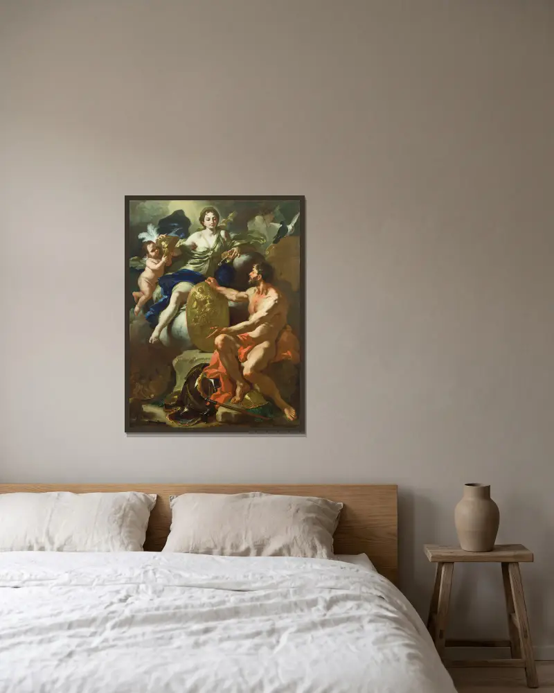 Venus i Vulcanus smedja av Francesco Solimena inramad på en vägg