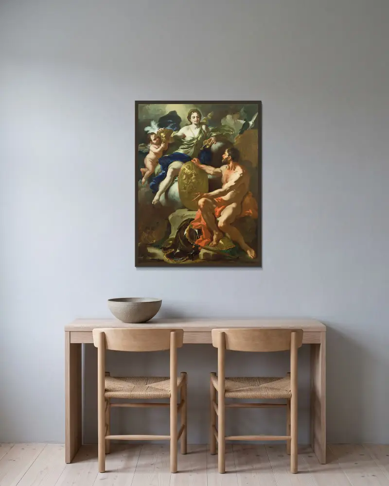 Venus i Vulcanus smedja av Francesco Solimena inramad på en vägg