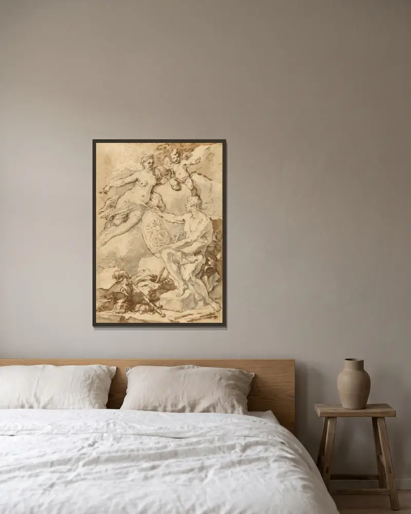 Venus empfängt von Vulcanus die Waffen des Aeneas von Francesco Solimena gerahmt an einer Wand