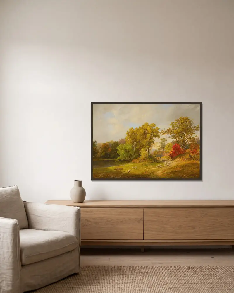 Höstlandskap med herde, hund och får av Jasper Francis Cropsey inramad på en vägg