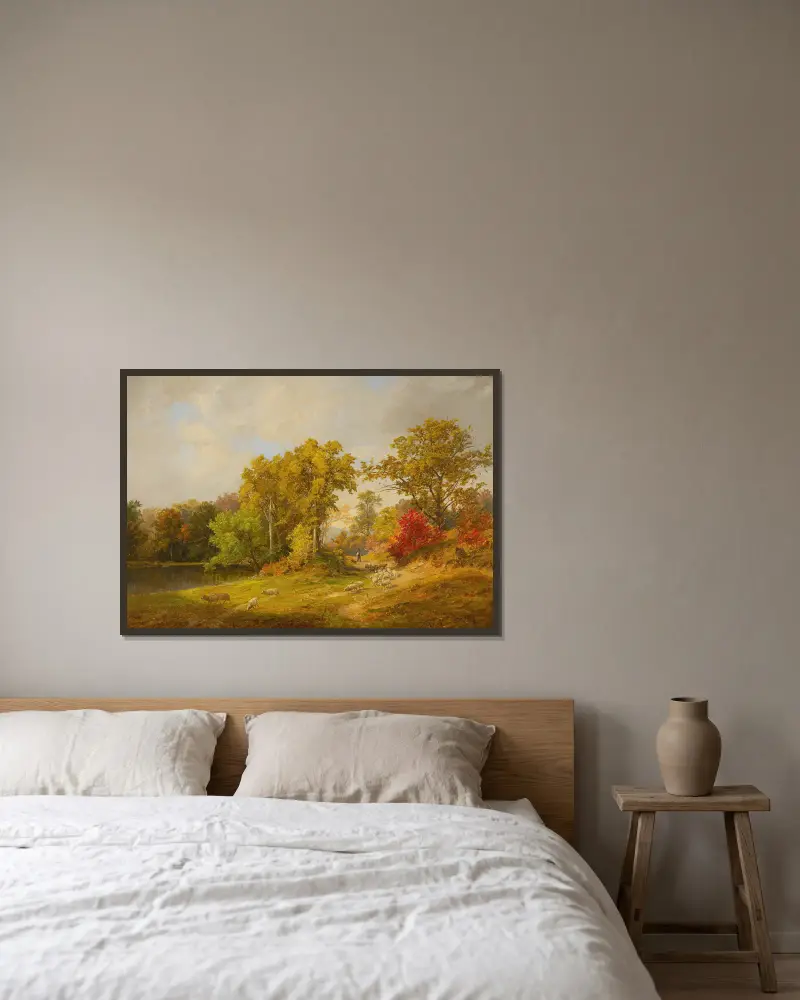 Höstlandskap med herde, hund och får av Jasper Francis Cropsey inramad på en vägg