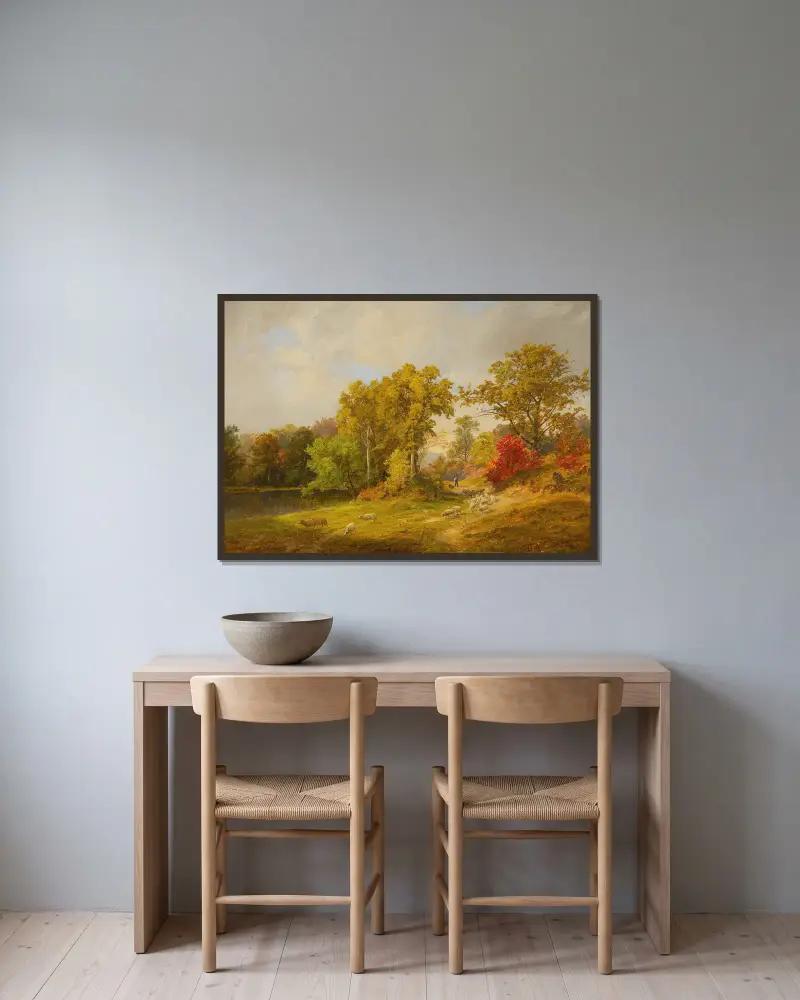 Höstlandskap med herde, hund och får av Jasper Francis Cropsey inramad på en vägg
