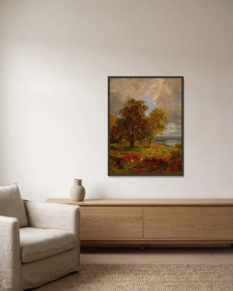 Landskap med träd och får vid en dunge av Jasper Francis Cropsey inramad på en vägg