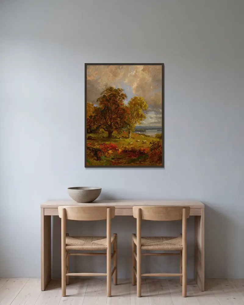 Landskap med träd och får vid en dunge av Jasper Francis Cropsey inramad på en vägg