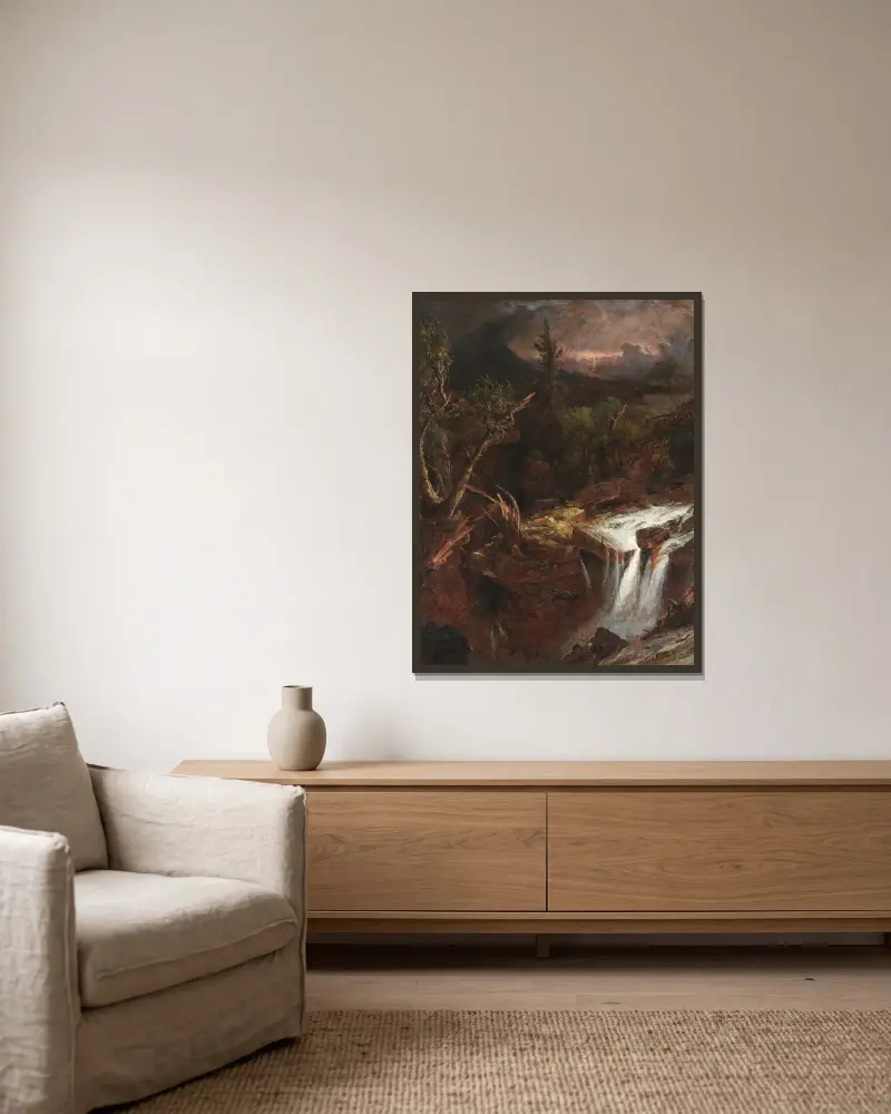 The Clove – en stormscen i Catskillbergen av Jasper Francis Cropsey inramad på en vägg