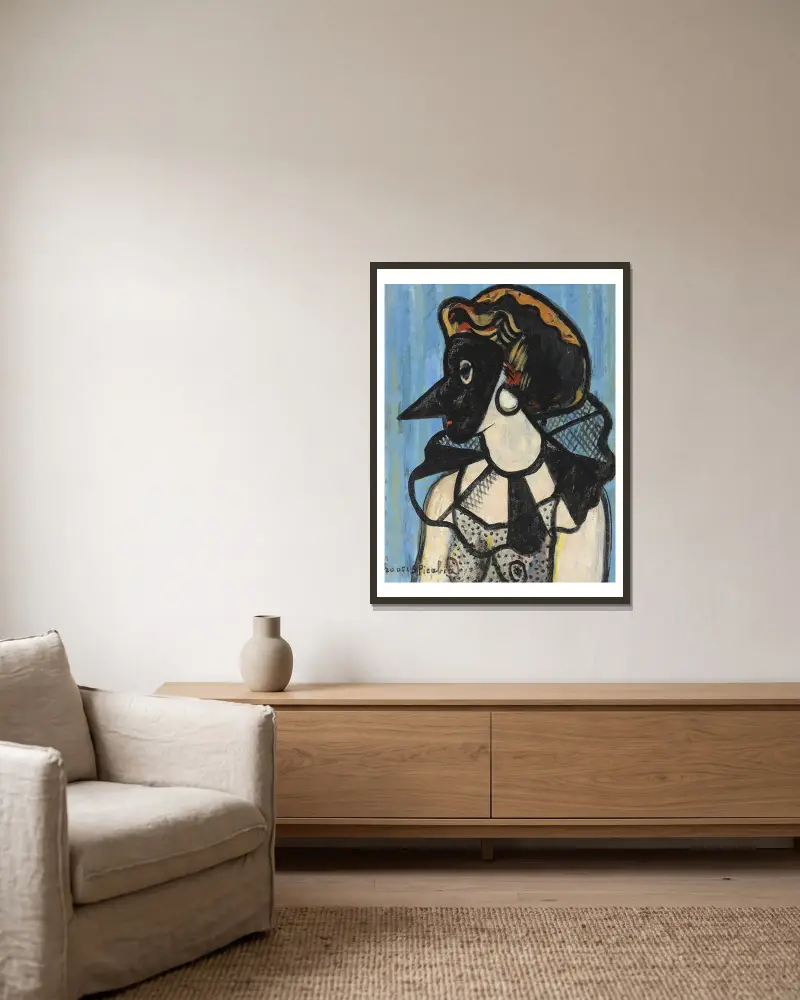 Kvinna med mask av Francis Picabia inramad på en vägg