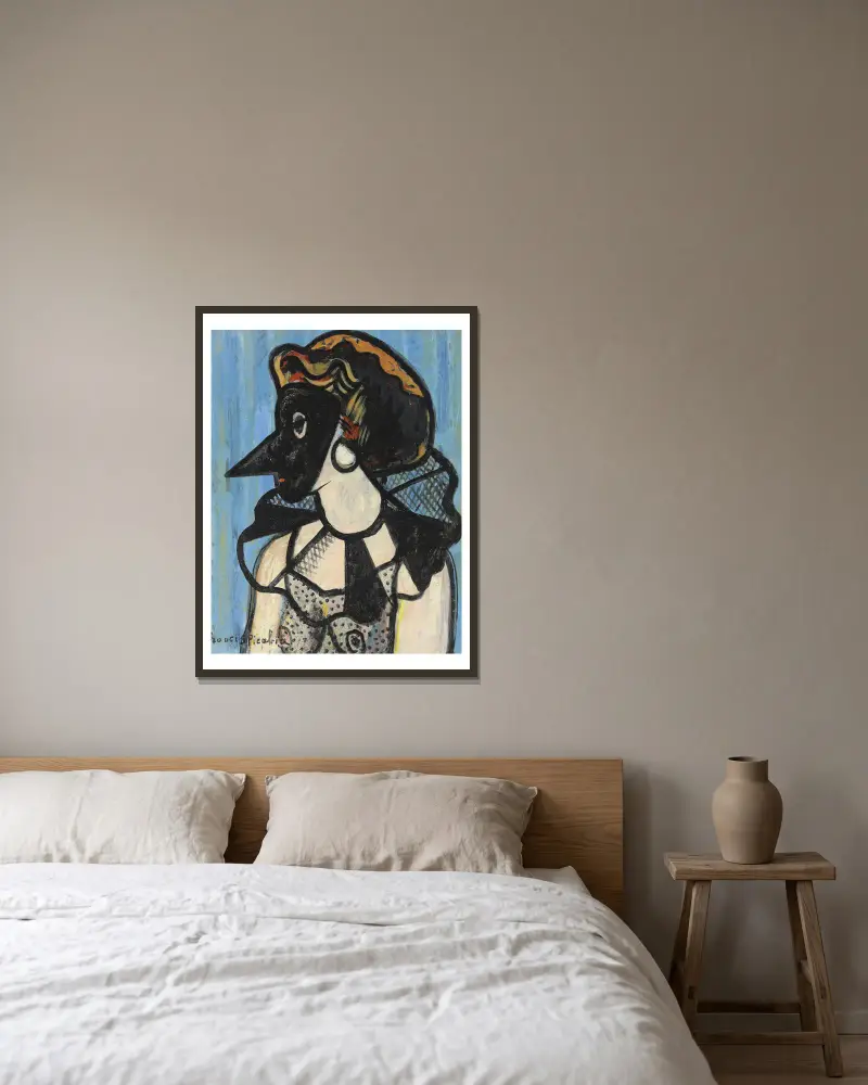 Kvinna med mask av Francis Picabia inramad på en vägg