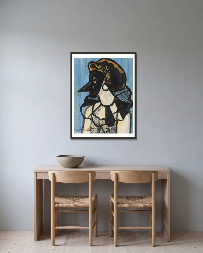 Kvinna med mask av Francis Picabia inramad på en vägg