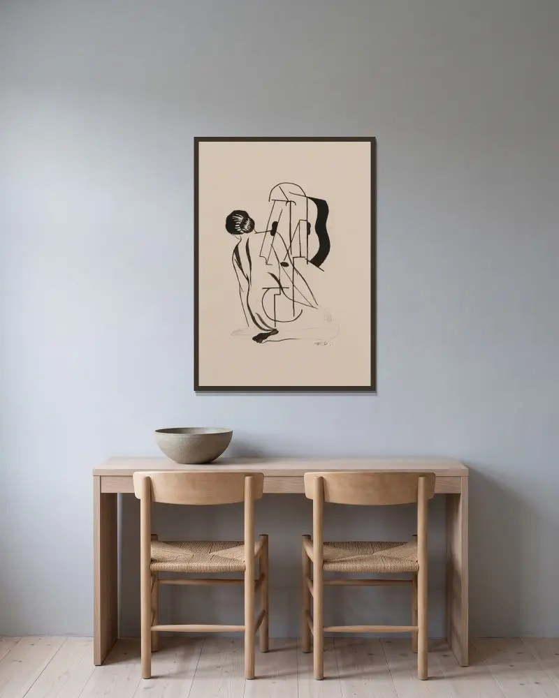 Utan titel eller Naken kvinna med gitarr av Francis Picabia inramad på en vägg