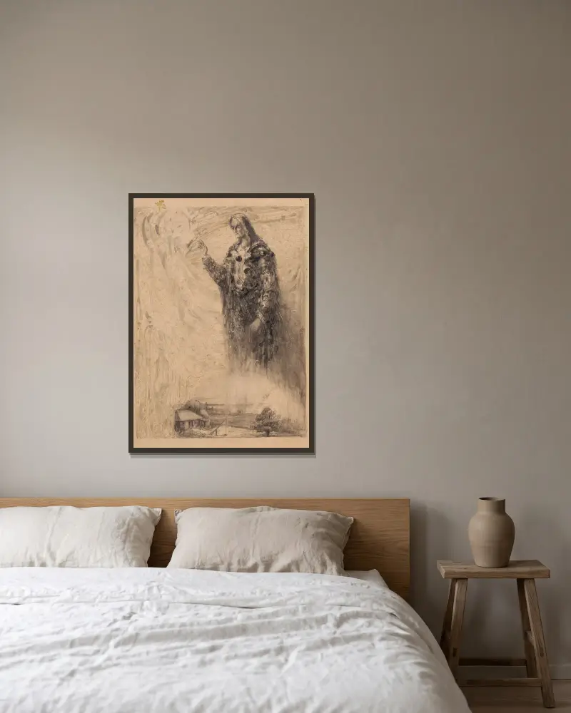 Illustration zu Juliusz Słowackis Gedicht „Der Geisterkönig“ von Franciszek Siedlecki gerahmt an einer Wand