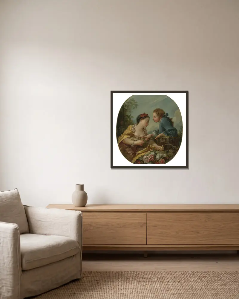 Ung kvinna och yngling som sätter fågelungar i bur; 'Fågelfångarna' av François Boucher inramad på en vägg