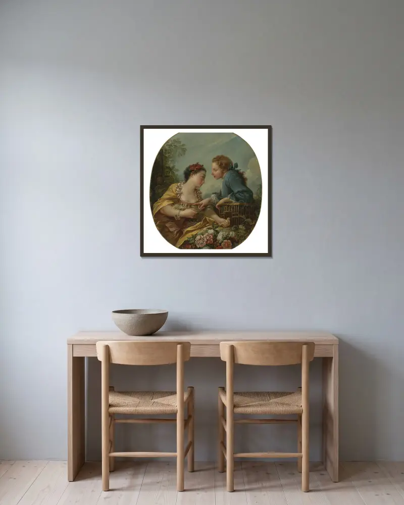 Ung kvinna och yngling som sätter fågelungar i bur; 'Fågelfångarna' av François Boucher inramad på en vägg