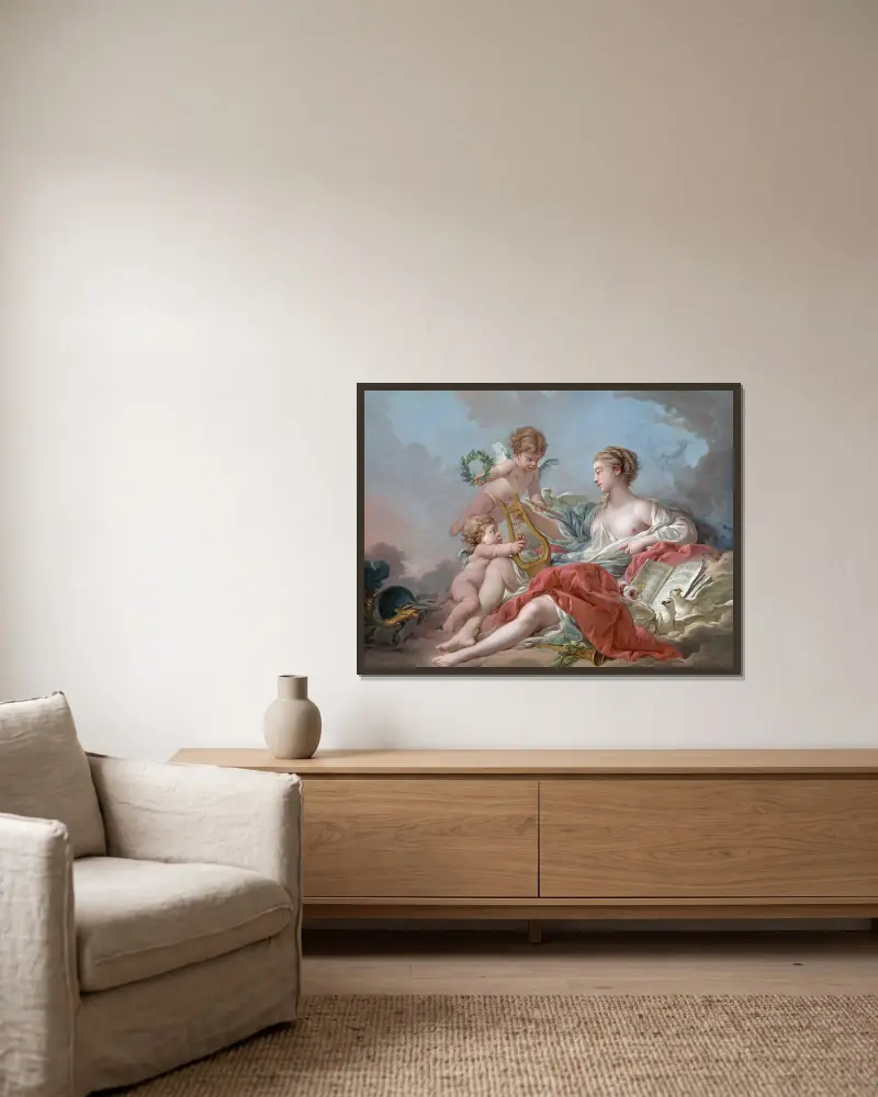 Allegori över musiken av François Boucher inramad på en vägg