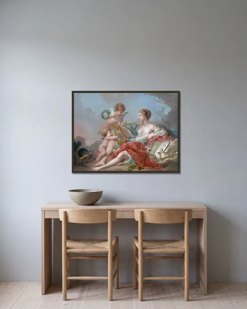 Allegori över musiken av François Boucher inramad på en vägg