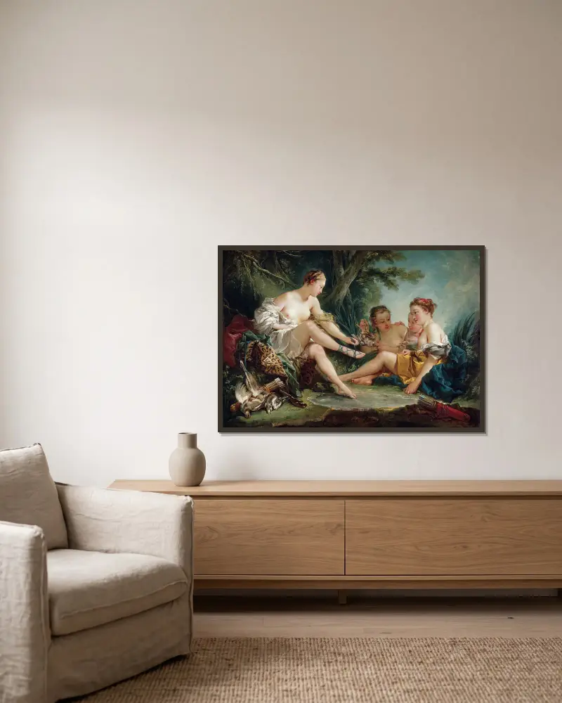 Diana kehrt von der Jagd zurück von François Boucher gerahmt an einer Wand
