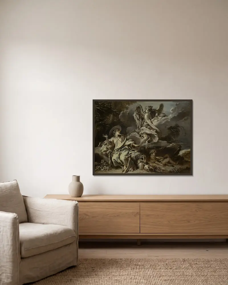 Hagar och Ismael i öknen med ängeln av François Boucher inramad på en vägg