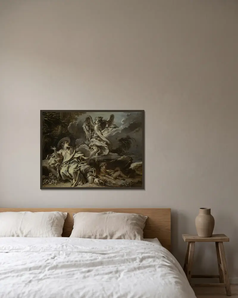Hagar och Ismael i öknen med ängeln av François Boucher inramad på en vägg