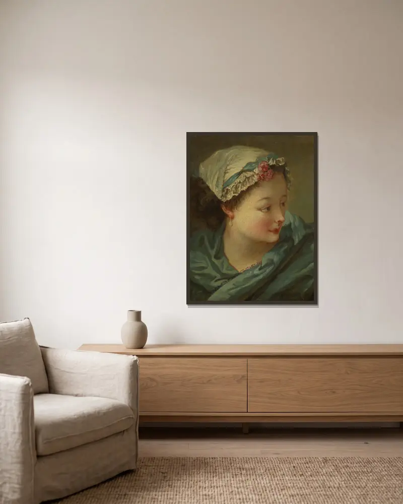 Kopf einer jungen Frau von François Boucher gerahmt an einer Wand