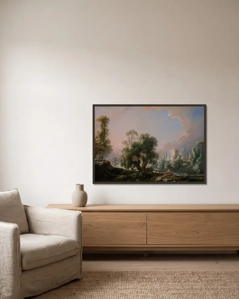 Idylliskt landskap med fiskande kvinna av François Boucher inramad på en vägg