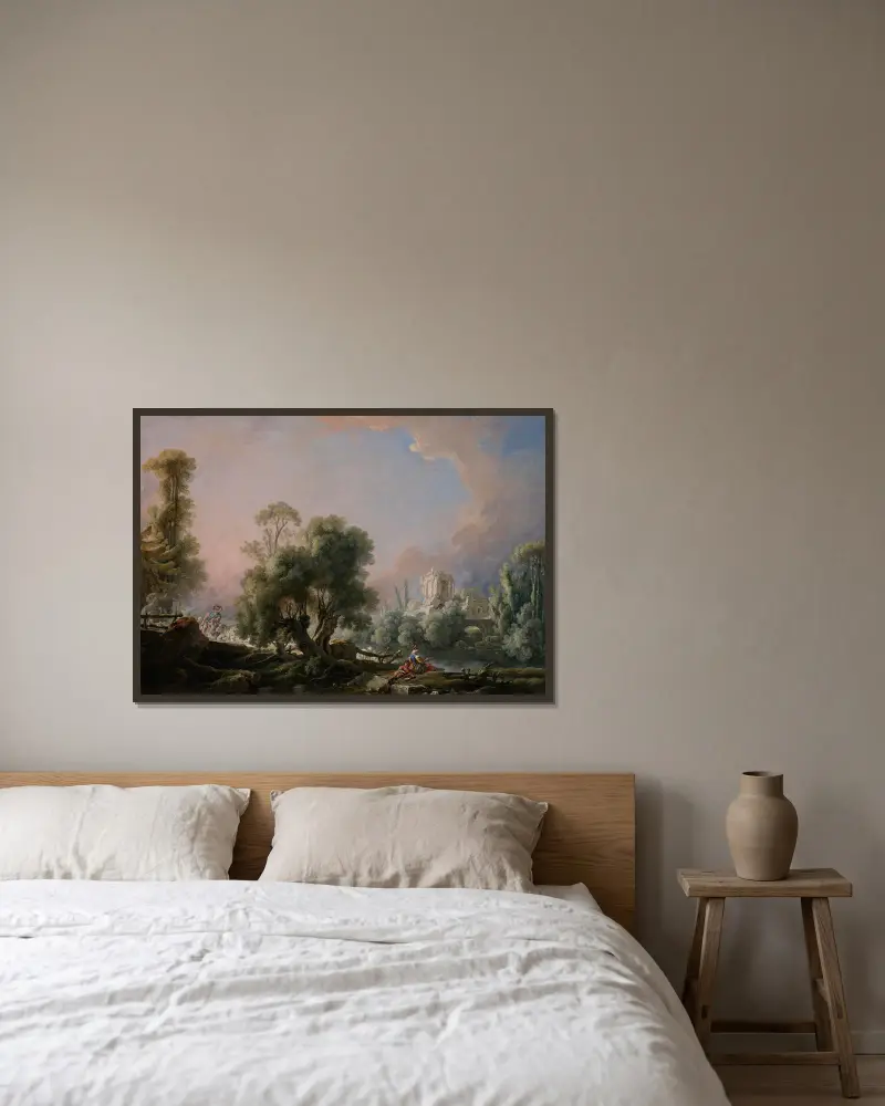 Idylliskt landskap med fiskande kvinna av François Boucher inramad på en vägg