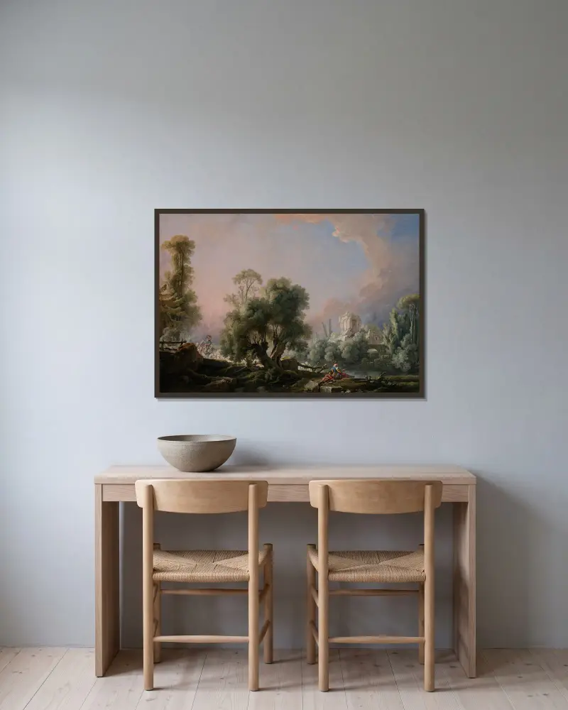 Idylliskt landskap med fiskande kvinna av François Boucher inramad på en vägg