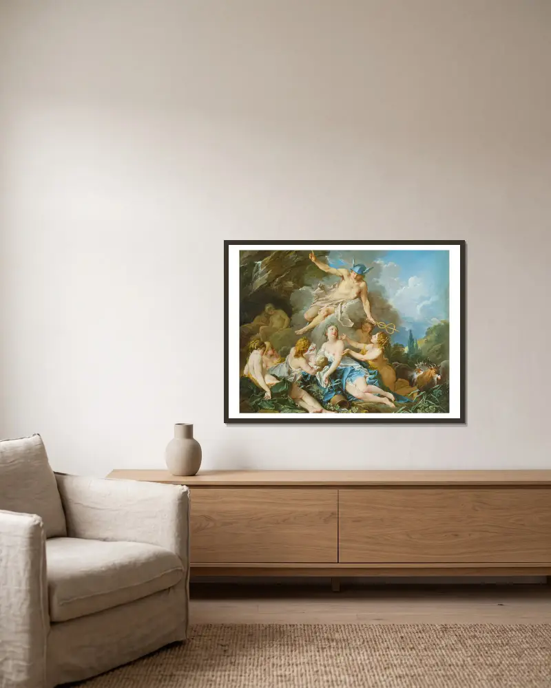 Merkur übergibt den jungen Bacchus den Nymphen von François Boucher gerahmt an einer Wand