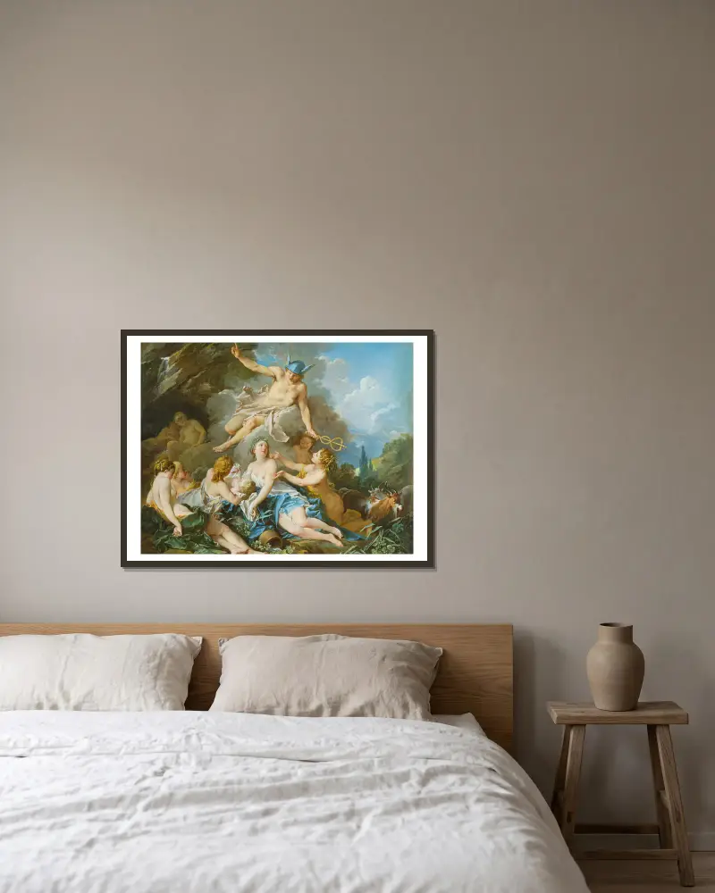 Merkur übergibt den jungen Bacchus den Nymphen von François Boucher gerahmt an einer Wand