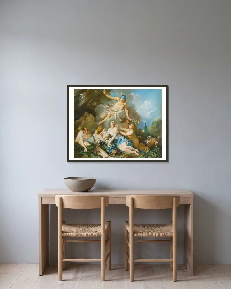 Merkur übergibt den jungen Bacchus den Nymphen von François Boucher gerahmt an einer Wand