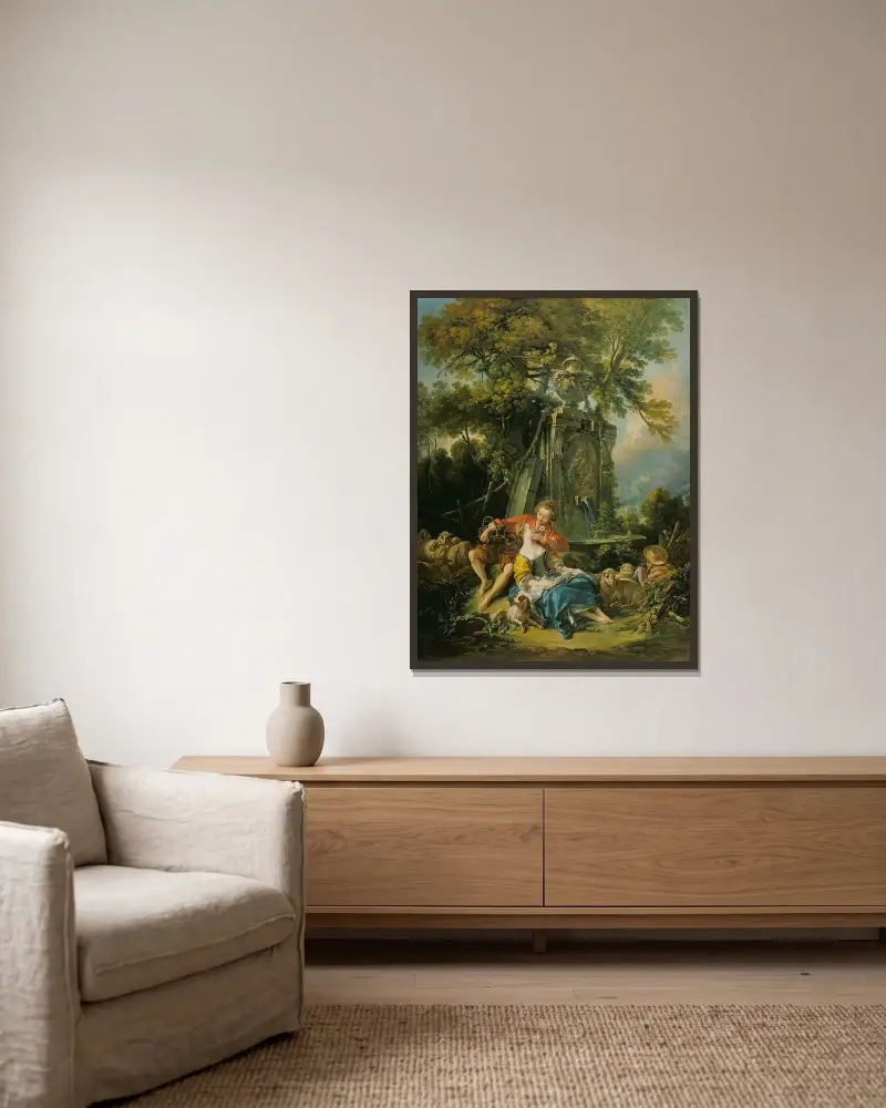 Pastoral scen med ett par vid en fontän av François Boucher inramad på en vägg