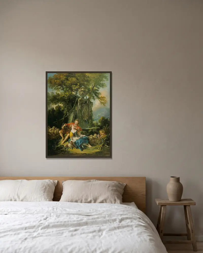 Pastoral scen med ett par vid en fontän av François Boucher inramad på en vägg