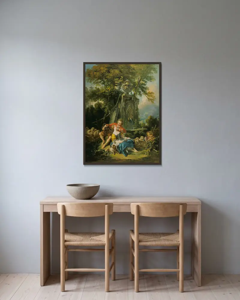 Pastoral scen med ett par vid en fontän av François Boucher inramad på en vägg