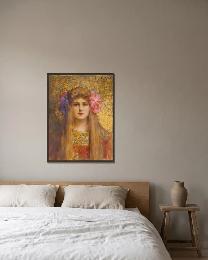 Porträtt av kvinna med blommig turban av Léon François Comerre inramad på en vägg