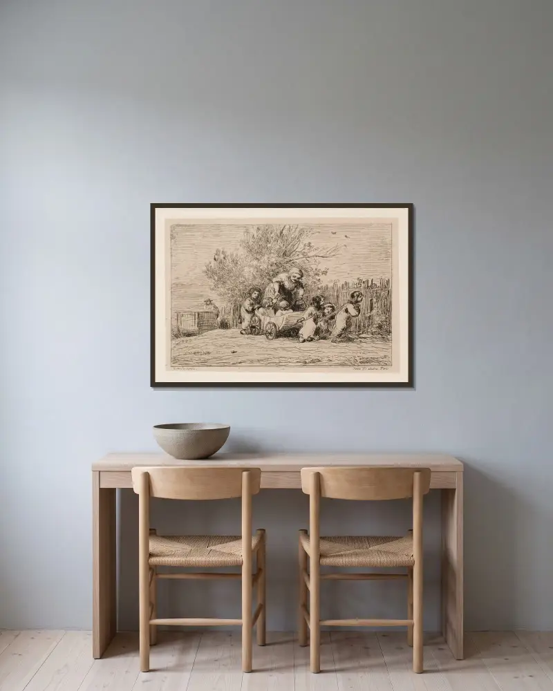 Vagnens arv (Barnen med vagnen) av Charles François Daubigny inramad på en vägg