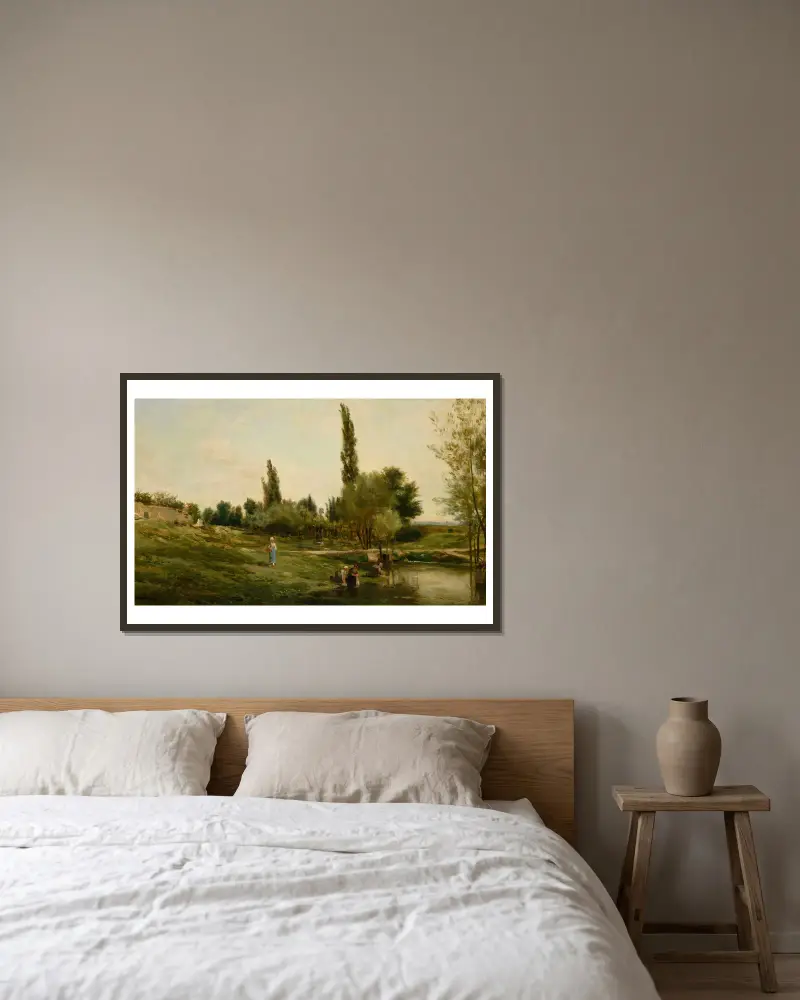 Landskap med tvätterskor av Charles François Daubigny inramad på en vägg