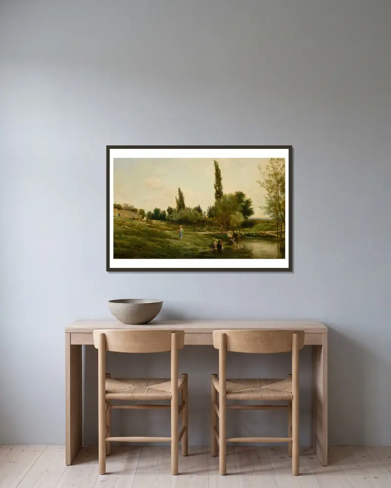 Landskap med tvätterskor av Charles François Daubigny inramad på en vägg