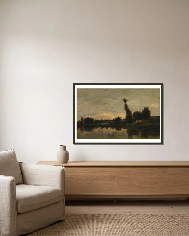 Západ slunce na řece Oise, Charles François Daubigny v rámu na stěně
