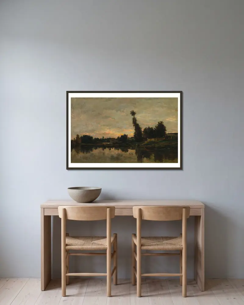 Západ slunce na řece Oise, Charles François Daubigny v rámu na stěně