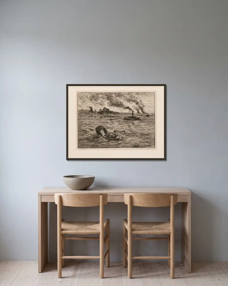 Ångbåtarna eller Se upp för ångfartygen av Charles François Daubigny inramad på en vägg