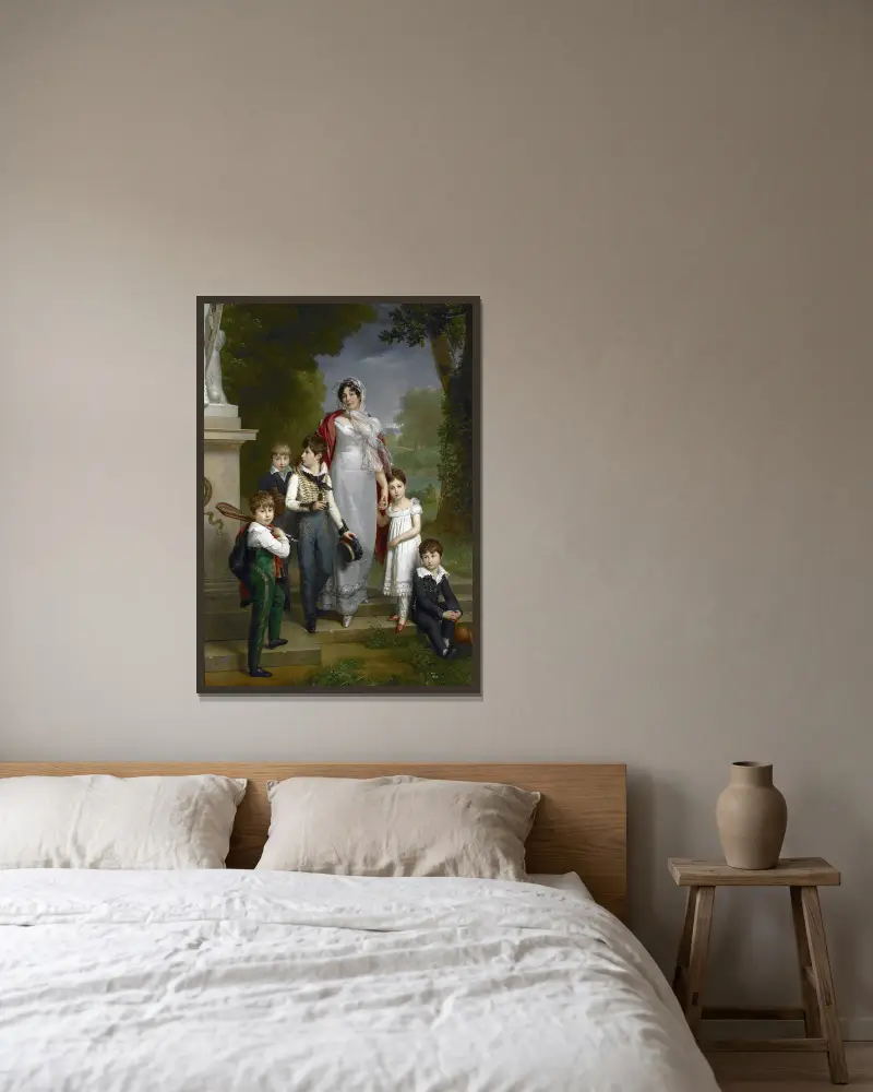 Porträtt av Louise-Antoinette-Scholastique Guéhéneuc, Madame la Maréchale Lannes, Duchesse de Montebello, med sina barn av François Gérard inramad på en vägg