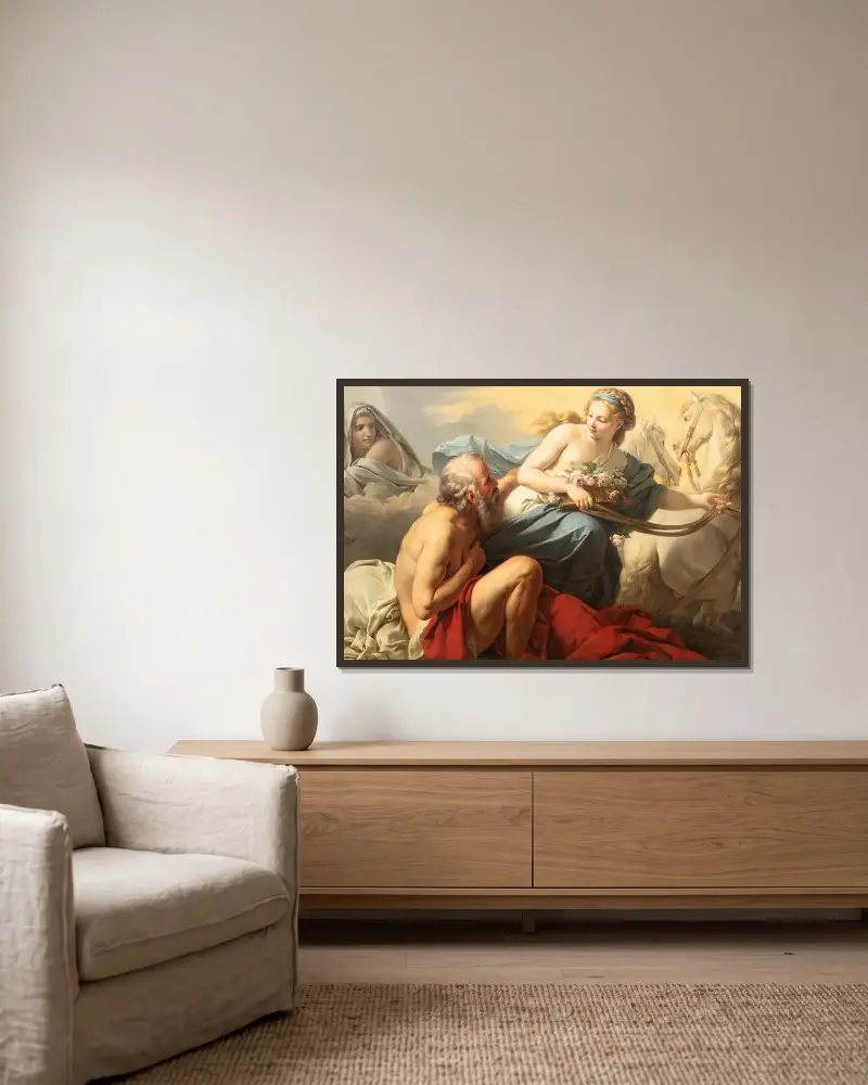 Aurora and Tithonus av Louis-Jean-François Lagrenée inramad på en vägg