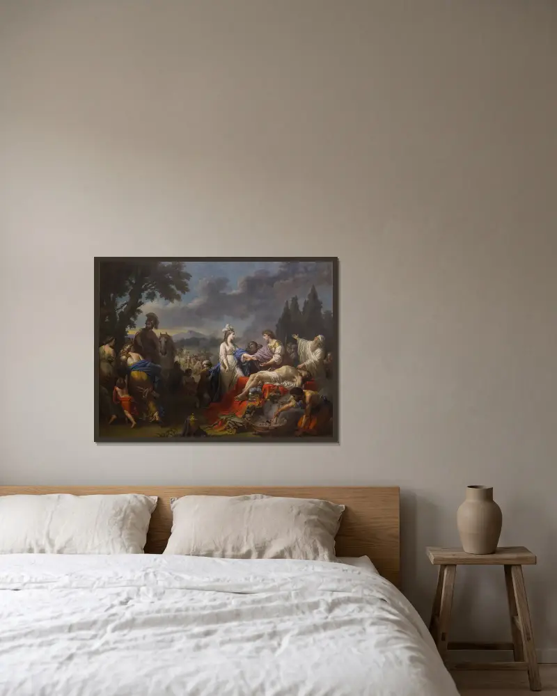 Die beiden Witwen eines Indianerhäuptlings streiten um die Ehre des Scheiterhaufens von Louis-Jean-François Lagrenée gerahmt an einer Wand