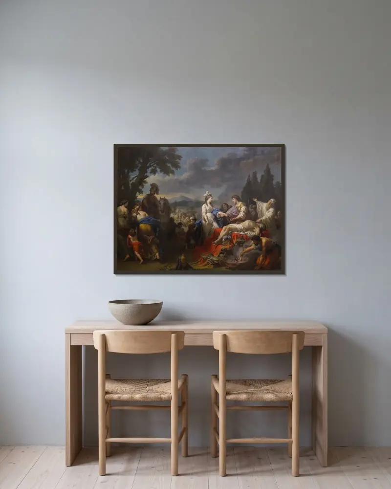 Die beiden Witwen eines Indianerhäuptlings streiten um die Ehre des Scheiterhaufens von Louis-Jean-François Lagrenée gerahmt an einer Wand