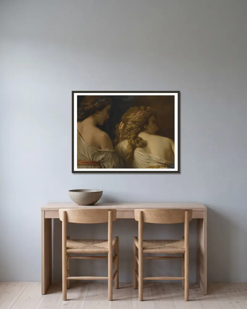 Two Nymphs av Louis-Jean-François Lagrenée inramad på en vägg