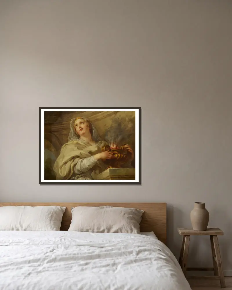 A Vestal Virgin Tending Fire av François Lemoyne inramad på en vägg