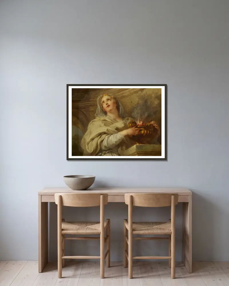 A Vestal Virgin Tending Fire av François Lemoyne inramad på en vägg