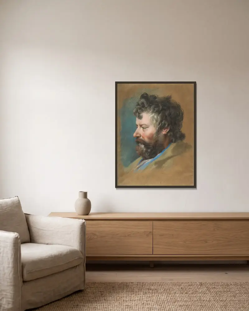 Head of a Bearded Man in Profile to Left av François Lemoyne inramad på en vägg