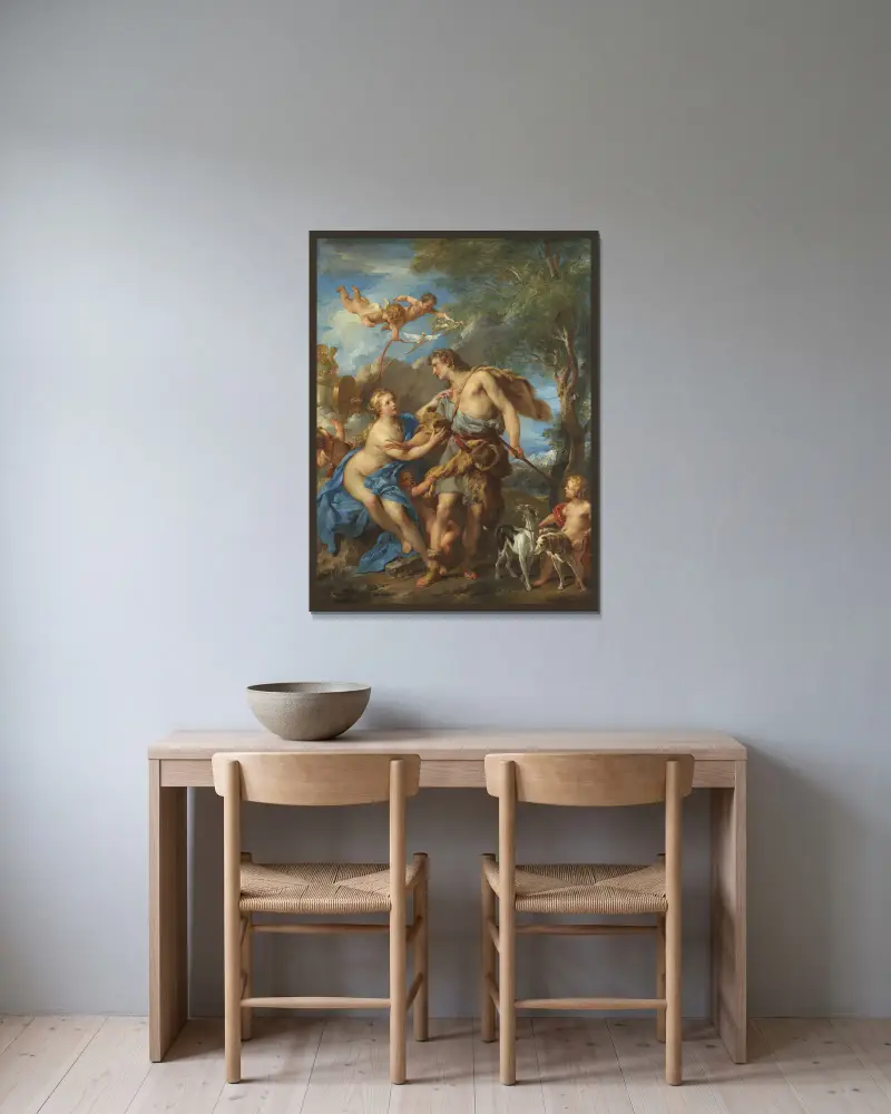 Venus and Adonis av François Lemoyne inramad på en vägg