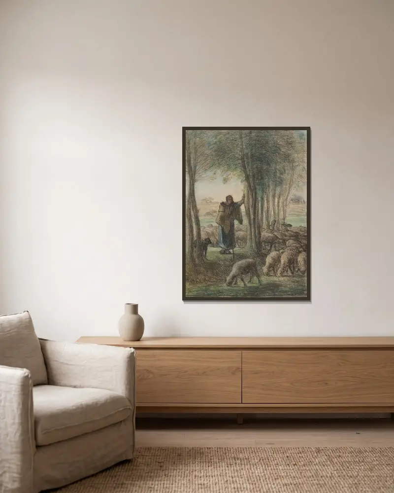 En herdinna och hennes flock i skuggan av träd av Jean-François Millet inramad på en vägg