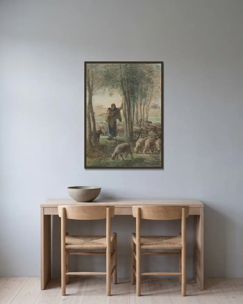 En herdinna och hennes flock i skuggan av träd av Jean-François Millet inramad på en vägg